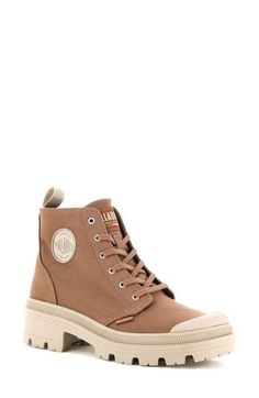 A tonal logo patch accentuates the sporty style of a high-top–inspired bootie set on a sturdy lugged sole. 2" heel; 1" platform; 4" shaft (size 8.5) Lace-up style; inside zip closure Textile upper and lining/rubber sole Imported Women's Shoes Casual Lace-up Boots With Lug Sole For Outdoor, Casual Low-top Platform Boots, Casual Brown Sneakers With Lug Sole, High-top Sneakers For Streetwear, Fall Season, Sporty Fall Round Toe Lace-up Boots, Trendy High-top Platform Boots With Rubber Sole, Trendy High-top Lace-up Boots With Rubber Sole, Sporty Lace-up Boots With Round Toe For Fall, Trendy Low-top Boots With Rubber Sole