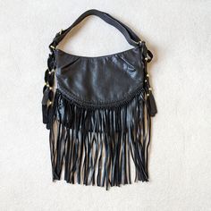 Black Leather Fringe Boho Purse By Cc Skye. Great Condition. Black Fringed Shoulder Bag For Festival, Black Fringe Shoulder Bag For Festival, Bohemian Black Shoulder Bag For Evening, Boho Purse, Boho Y2k, Boho Purses, Leather Fringe, Y2k Style, Shoulder Bags