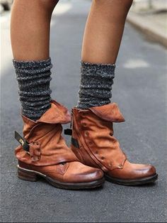 Fashion Ankle Buckle Martin Low-heel Boots Shoes – bydudecom Boots With Socks, Slouchy Ankle Boots, Rustic Boots, Tan Booties, Low Heel Boots, Estilo Hippie, Low Heel Shoes, Buckle Shoes, Casual Heels