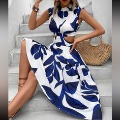 Dresses | Boho Plants Print Cutout Sides Midi Dress | Poshmark Business Casual Minimalist, Preppy Prom, Business Formal Dress, Formal Dresses Gowns, Black And White Style, High Waist Dress, Sport Chic, Professional Dresses, Ruffle Hem Dress