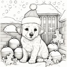 a black and white drawing of a dog wearing a santa hat sitting in front of christmas decorations