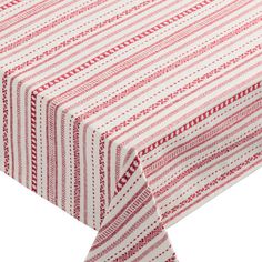 a red and white striped tablecloth with an intricate design on the top, in front of a white background