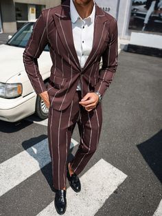 Men's Striped Casual Suit Jacket And Pants Set Coffee Brown Casual    Striped  Non-Stretch  Men Clothing, size features are:Bust: ,Length: ,Sleeve Length: Jacket And Pants Set, Casual Suit Jacket, Man Blazer, Mens Formal Wear, Traje Casual, Estilo Hip Hop, Mens Formal, Formal Suits, Business Casual Men