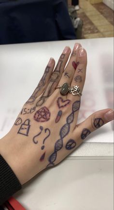 a woman's hand with tattoos on her left and right palm, resting on a table