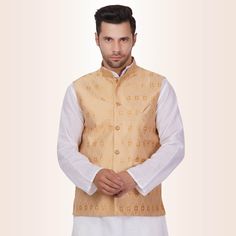 Elevate your style with our Brocade Fabric Waistcoat for men, a true embodiment of sophistication and charm. Designed to make a statement, this waistcoat adds a touch of regal elegance to your ensemble.When worn over a simple kurta and pyjama (not included), it transforms your look into one of timeless grace. Picture yourself donning this exquisite waistcoat – it exudes confidence, making heads turn at weddings, receptions, or any formal occasion.This waistcoat is more than just an accessory; it Sleeveless Nehru Jacket For Formal Festive Occasions, Festive Sleeveless Nehru Jacket For Formal Occasions, Traditional Nehru Jacket For Diwali Semi-formal, Traditional Nehru Jacket For Diwali Semi-formal Occasion, Traditional Semi-formal Nehru Jacket For Diwali, Semi-formal Diwali Nehru Jacket, Classic Nehru Jacket For Festive Semi-formal Occasions, Traditional Winter Outerwear For Groom, Reception Outfits