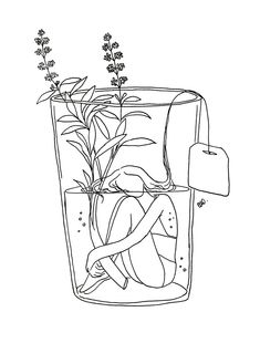 a drawing of a glass filled with water and lavenders on the side, in front of a white background