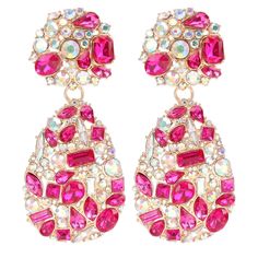 PRICES MAY VARY. Features: This statement rhinestones crystal earring pair features an oversized round stud connected to a larger teardrop, in a dramatic display of rich color and shine. Material: Resin stone and rhinestone stone, gold plated alloy, stainless steel needle. Measurements: 2.76 inch / 7.0 cm in Length; 1.18 inch / 3.0 cm in width, one pair weight 23.6 g. Occasion: Gift box Packaged. Perfect for a gift for someone you love or just a special gift for yourself; suitable for graduation Hot Pink Earrings, Pink Heart Earrings, Earrings Dangle Simple, Crystal Teardrop Earrings, Wedding Earrings Drop, Teardrop Dangle Earrings, Buy Crystals, Statement Drop Earrings, Pink Collar