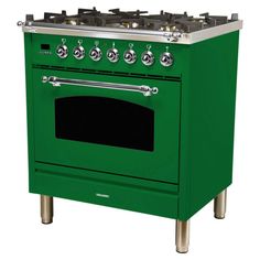 a green stove with four burners and two ovens on the front, side by side