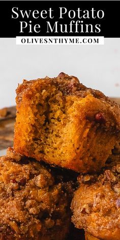 sweet potato pie muffins stacked on top of each other with text overlay