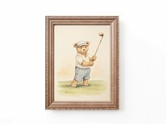 a painting of a teddy bear holding a golf club in front of a white wall