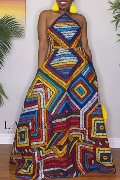 Lasaky - Elegant Vacation A-Line Dress with Mixed Print and Contrast Halter Design: Perfect for a Casual Sweet Daily Look Cut Clothes, Line Dresses, Fancy Dresses Long, Vintage Summer Dresses, A Line Dresses, Flowy Maxi Dress, Lace Dress Long, Long Sleeve Lace Dress, African Wear