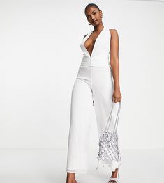 Jumpsuit by ASYOU Exclusive to ASOS Plunge halterneck Sleeveless style Open tie back Zip-back fastening Slim fit Halter Neck Jumpsuit, Jane Dress, Dress Rental, White Jumpsuit, Plus Size Skirts, Jumper Dress, Mini Dress Party, Fall Dresses, Guest Dresses