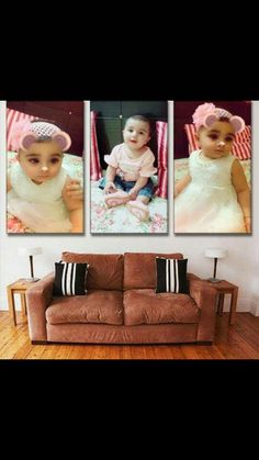 three pictures of a baby sitting on top of a couch in front of a brown couch