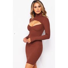 Turtle Neck Dress With Key Hole - 82% Rayon 18% Nylon Very Stretchy Brown Mini Length Bodycon Dress For Winter, Brown Midi Dress For Winter, Brown Mini Dress For Date Night In Winter, Brown Mini Dress For Winter Date Night, Winter Brown Mini Length Bodycon Dress, Fitted Ribbed Dress For Date Night, Brown Bodycon Knee-length Mini Dress, Brown Ribbed Dress For Date Night, Fitted Ribbed Brown Dress