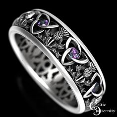 "See this ring with more stones/metal choices: www.etsy.com/shop/CelticEternity?search_query=1813 Band Height: 6.1mm Stones: 8x2mm Alexandrite This ring balances the classic thistle and trinity knot, circling the band in an unbroken pattern. The thistle represents overcoming adversity and difficult situations. It's a symbol of resilience. The thistle is renowned in Scotland where it is not only the country's national emblem but also the base of Scotland's ancient order of chivalry known as \"The Order of the Thistle.\" Given the legend surrounding the Scottish thistle, the plant clearly connotes bravery, courage, and loyalty in the face of treachery. In Celtic regions, the thistle represents devotion, bravery, determination, and strength. Every ring is made to order and in YOUR CUSTOM size Scottish Thistle Ring, Symbolic Gemstone Wedding Rings, Symbolic Gemstone Rings For Wedding, Medieval Style Wedding Ring Jewelry, Medieval Engraved Jewelry For Weddings, Medieval Engraved Wedding Jewelry, Medieval Style Engraved Wedding Jewelry, Medieval Style Wedding Jewelry, Medieval Style Anniversary Ring Jewelry