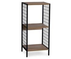 three tiered shelving unit with wooden shelves and metal mesh panels on the sides