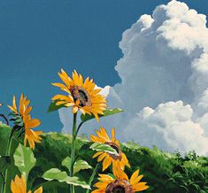 a painting of sunflowers in a field under a blue sky with white clouds