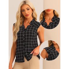 This sleeveless button-down tartan shirt exudes a classic and timeless style that never goes out of fashion. The plaid pattern adds a touch of sophistication, making it perfect for both casual and semi-formal occasions. Made from quality and breathable fabric, this summer casual shirt keeps you cool and comfortable even on hot days. The sleeveless design allows for maximum airflow, ensuring a refreshing feel throughout the day. This tartan shirt offers endless possibilities for styling. Wear it Chic Plaid Tops For Office, Casual Sleeveless Blouse For Work, Plaid Top With Button Closure For Business Casual, Plaid Button Closure Workwear Top, Plaid Tops For Business Casual, Plaid Casual Tops For Business, Plaid Casual Top For Business Casual, Chic Plaid Collared Blouse, Chic Collared Plaid Blouse