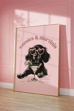 "Dachshund Dog Print - Preppy Pink Aesthetic Martini Bar Cart Digital Download Poster Art Immediate Digital Download The frame is not included. Digital Download Only. Add a touch of adorable charm to your kids' room decor with our delightful \"Printable Pink Dachshund Print.\" This preppy art piece features a lovable Dachshund, also known as a Weiner Dog, capturing the hearts of children and dog lovers alike. With the convenience of a printable design, you can instantly access and print this Dac Fun Prints Aesthetic, Wall Art Funky, Dachshund Decor Home, Weiner Dog Aesthetic, Dog Prints, Kids Wall Prints, Dachshund Wall Art, Dachshund Decor, Martini Bar