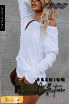 Elegant Basic Solid T-shirt Y2k Long Sleeve, Mini Robes, Styl Boho, Loose Shirts, Spring Tops, Off Shoulder Tops, White Casual, Casual Look, Long Sleeve Casual