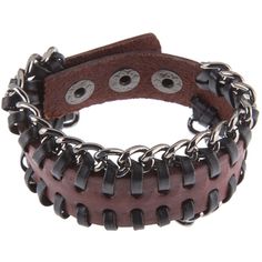 Show off your stylish spirit with Russet Leather Cuff Bracelet With Chain! This thick fashion accessory features a dark brown leather strap with black leather stitches down each side and dark, metal link chain weaved through the stitches.   It is completed with a matching metal snap on one end that can fit into three snaps on the other end so you can adjust the wrist measurement. With a mashup of mixed materials, this bracelet will look trendy with your everyday wardrobe.        Details: Edgy Adjustable Cuff Leather Bracelet, Adjustable Metal Punk Wristband, Everyday Metal Bracelets With Adjustable Length, Everyday Adjustable Metal Bracelets, Adjustable Metal Cuff Bracelet In Punk Style, Punk Style Metal Bracelet, Punk Style Adjustable Leather Bracelet, Casual Brown Metal Bracelet, Trendy Brown Leather Bracelet