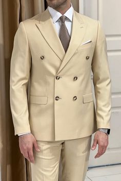 Beige Tuxedo Set For Business, Beige Tuxedo Set With Notch Lapel, Beige Business Suit With Collar, Beige Notch Lapel Groom Suit Set, Beige Notch Lapel Blazer For Groom, Beige Blazer For Groom, Tailored Beige Formal Sets, Tailored Beige Sets For Formal Occasions, Elegant Beige Three-piece Suit With Long Sleeves