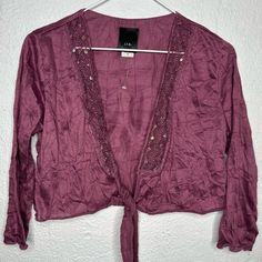 Y2k J.T.B. Vintage Lace And Sequin Embellished Edge Tie-Front Cropped Shrug Bolero Topper. Boho Styling. Material Has Intentional Creasing And A Subtle Sheen To It. A Pretty Purplish Mauve Color. Tags Removed, Never Worn. See Photos For Measurements, Fabric And Condition. Fast Shipping! Embellished Long Sleeve Crop Top For Night Out, Chic Embellished Tops For Festivals, Y2k Long Sleeve Festival Tops, Embellished Long Sleeve Summer Tops, Spring Rayon Tops For Night Out, Rayon Tops For Spring Night Out, Spring Festival Embellished Tops, Rayon Tops For Night Out In Spring, Casual Fitted Embellished Blouse