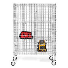 a white wire cage with two small items on it's sides and a red case in the middle