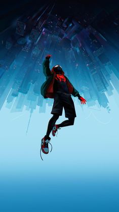 a man flying through the air while riding a skateboard in front of a cityscape