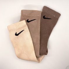 3 Pack of hand dyed Nike crew socks Colors: Sand, Taupe, Dark Brown Size: Adult Unisex Dri Fit Socks, Nike Crew Socks, Beige Socks, Brown Socks, Nike Brown, Cute Nike Outfits, Handmade Socks, Sock Outfits, Nike Socks