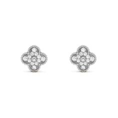 These Clover Silver Diamond Stud Earrings offer a touch of elegance to any outfit. Crafted with a delicate clover design and sparkling diamonds, these earrings add a sophisticated and stylish touch to your appearance. Made with high-quality materials and expert craftsmanship, these earrings are a timeless addition to your jewelry collection. ADDITIONAL INFORMATION Color: Silver Stone: Cubic Zirconia Ref. vcarp3jl Material:925 Sterling Silver - 18k Gold Plated- 18k Real Gold ( contact us via inst Elegant Diamond Earrings With Brilliant Cut In Flower Shape, Elegant Brilliant Cut Diamond Earrings In Flower Shape, Elegant Flower Shaped Diamond Earrings With Brilliant Cut, Elegant Flower-shaped Brilliant Cut Diamond Earrings, Classic Diamond Earrings With Flower Shape And Diamond Accents, Classic Diamond Earrings With Flower Shape, Elegant Flower-shaped Diamond Earrings, Luxury Sterling Silver Flower Shape Diamond Earrings, Elegant White Earrings With Single Cut Diamonds