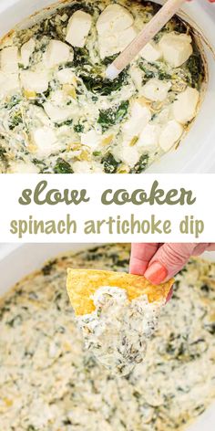 spinach artichoke dip in a white casserole dish with a wooden spoon