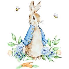 a watercolor painting of a bunny with flowers and carrots