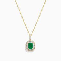 Effy Brasilica 14K Yellow Gold Emerald and Diamond Pendant Yellow Gold Emerald Jewelry, Tarnish Resistant, Gold Necklace With Emerald Cut In 14k Gold, Rectangular Emerald Jewelry In Yellow Gold, Rectangular Emerald Yellow Gold Jewelry, Tarnish Resistant Elegant Emerald Jewelry, Exquisite 14k Gold Green Jewelry, Rectangular Emerald Gold Jewelry, Gold Emerald Cut Jewelry For May Birthstone, Exquisite Green 14k Gold Jewelry