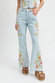 Floral Embroidered Flare Pants - MISRED Embroidered Wide Leg Denim Bottoms, Embroidered Wide-leg Denim Bottoms, Embroidered Denim Wide-leg Bottoms, Summer Embroidered Wide Leg Jeans, Embroidered Wide Leg Denim Jeans, Spring Cotton Flare Jeans Full Length, Spring Cotton Full-length Flare Jeans, Spring Cotton Full Length Flare Jeans, Casual Embroidered Denim Pants