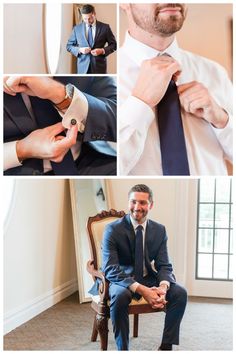 the man is tying his tie before he gets ready to go into his wedding day