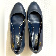 Color Navy Blue Size 8b New No Flaw Excellent Condition Classic Blue Heels For Work, Classic Blue Round Toe Heels, Classic Blue Heels For The Office, Blue Leather Heels With Branded Insole, Double Rl, Navy Blue Shoes, Gold High Heels, Ralph Lauren Shoes, White Heels