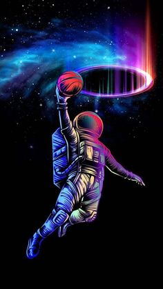 an astronaut with a basketball in his hand and the space behind him is filled with stars