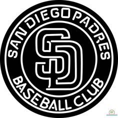 the san diego padres baseball club logo is shown in black and white on a circular background