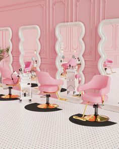 a room filled with pink chairs and mirrors