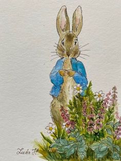 a watercolor painting of a rabbit with a blue jacket and flowers in the foreground