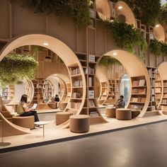 people are sitting in the middle of a room with bookshelves and plant life