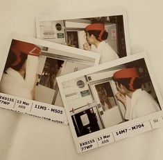 three polaroid photos of people in white coats and red hats, one is talking on the phone