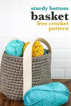 a crochet basket with yarn in it and the words study bottom, basket free crochet pattern