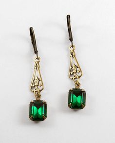 Art Deco Drop Earrings Dark green Swarovski Crystal Regency | Etsy Dark Green Crystal, Art Deco Drop Earrings, Earrings Emerald, Earrings Antique, Handmade Uk, Emerald Color, Green Crystal, Green Crystals, Antique Bronze