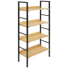 a wooden shelf with four shelves on each side and black metal frame, against a white background