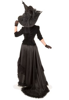 Victorian styled cotton velvet jacket with square neckline, v-shaped front with velvet covered buttons, 3/4 length sleeves, and flare back hem. The black overskirt is gathered up from the inside with bustle ties to fall into lace-trimmed layers over the narrow striped cinnamon dupionni underskirt trimmed in black velvet ribbon. The skirt has a comfortable elastic waist. The skirt is shown with the train, and it can be bustled up with twill ties, Dry clean only. Made in America by Recollections. Gothic Victorian Dress With Ruffles For Formal Events, Gothic Victorian Dress With Ruffles For Formal Occasions, Elegant Overbust Victorian Dress For Halloween, Victorian Corset Dress For Costume Party, Steampunk Victorian Dress For Costume Party, Gothic Victorian Dress For Formal Occasions, Elegant Long Sleeve Corset Dress For Costume, Vintage Victorian Dress For Halloween Evening, Elegant Fitted Formal Costumes