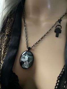 "Dracula's Lucy Necklace Lucy Vampire Necklace with Cross Gunmetal Adjustable Chain measures 30\" Or make shorter" Gothic Collectible Pendant Necklace, Collectible Gothic Pendant Necklace, Gothic Nickel-free Necklaces, Nickel-free Gothic Necklaces For Collectors, Nickel Free Gothic Necklaces For Collectors, Gothic Halloween Jewelry With Round Pendant, Gothic Halloween Round Pendant Jewelry, Black Gothic Necklace With Soldered Details, Gothic Round Pendant Necklace For Halloween