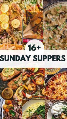 the cover of 16 sunday suppers is shown with images of different dishes and vegetables