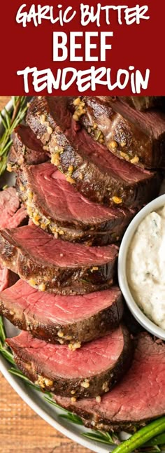 garlic butter beef tenderie on a plate with green beans